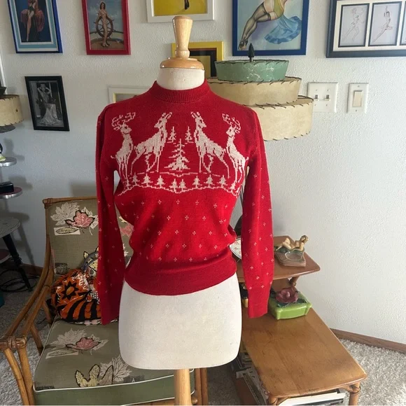 Vintage 1940s Sweater4 DeerNoveltyRedWoolS M40sSki
